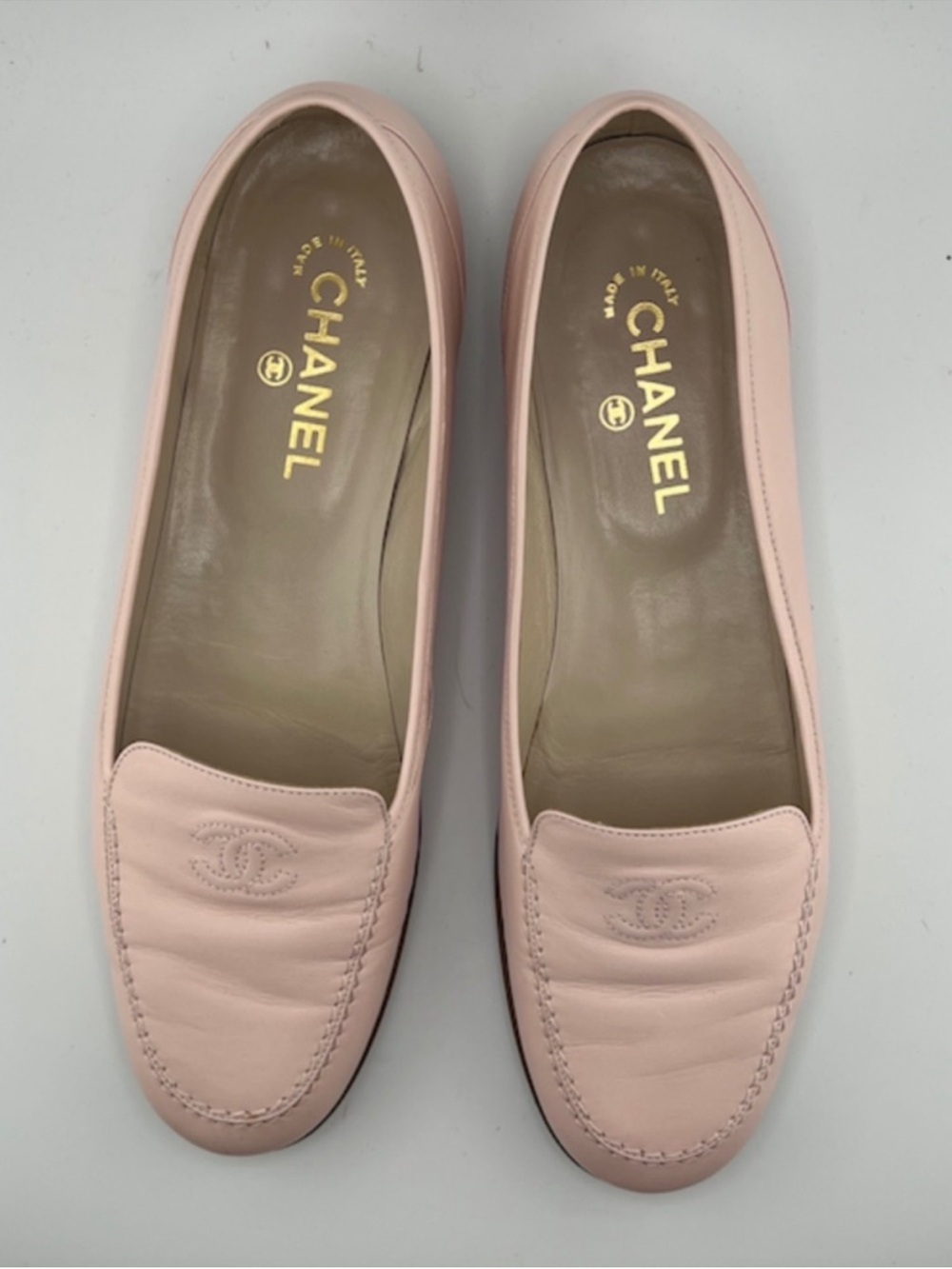 CHANEL Pale Pink Leather Loafers - Size 41